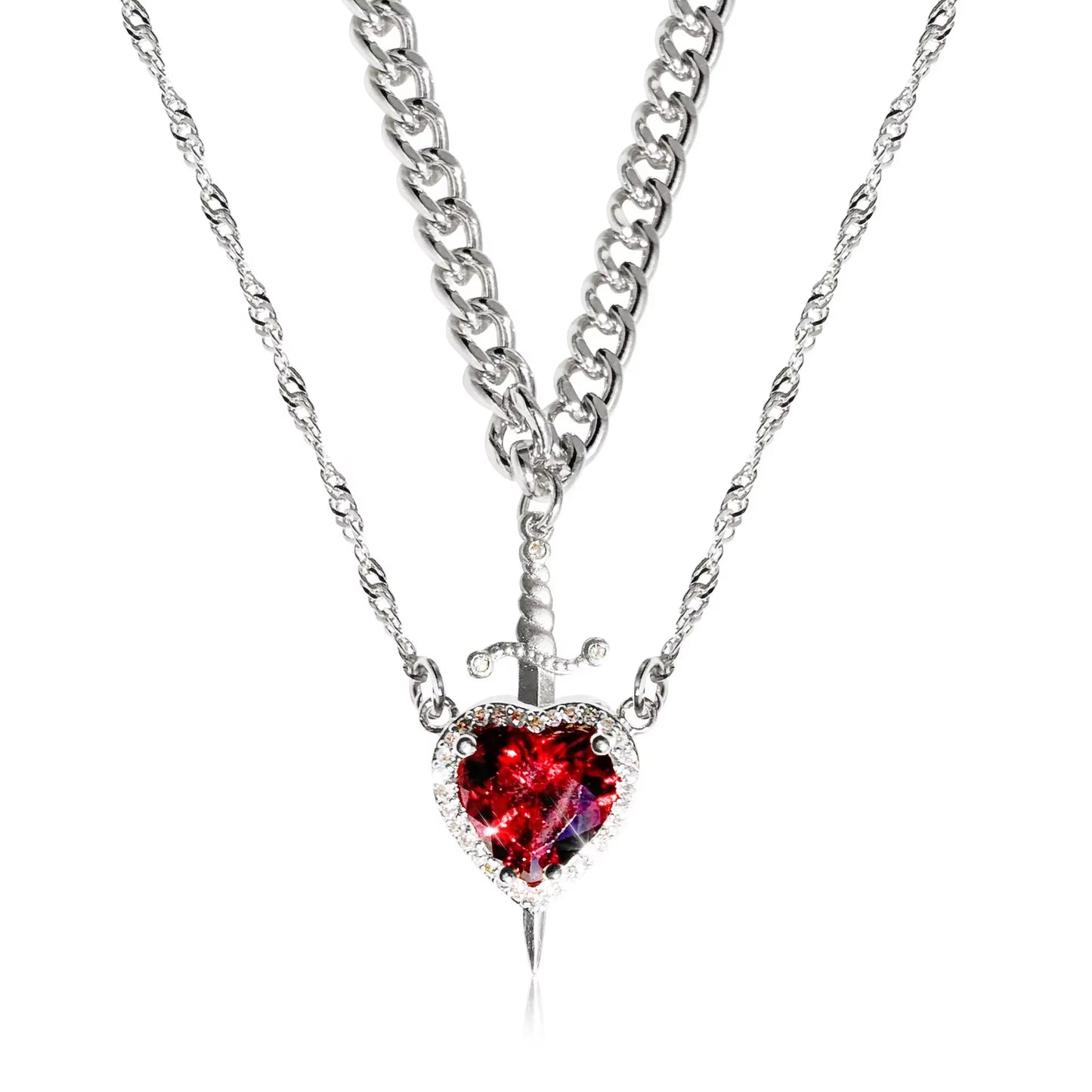 2-Piece Assembled Heart and Sword Zircon Pendant Necklace for Couples in Silver and Gold Plated Choker Chain Jewelry