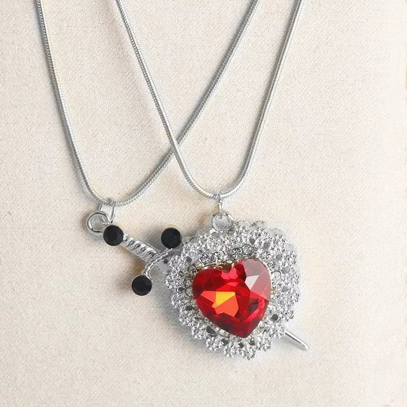 2-Piece Assembled Heart and Sword Zircon Pendant Necklace for Couples in Silver and Gold Plated Choker Chain Jewelry