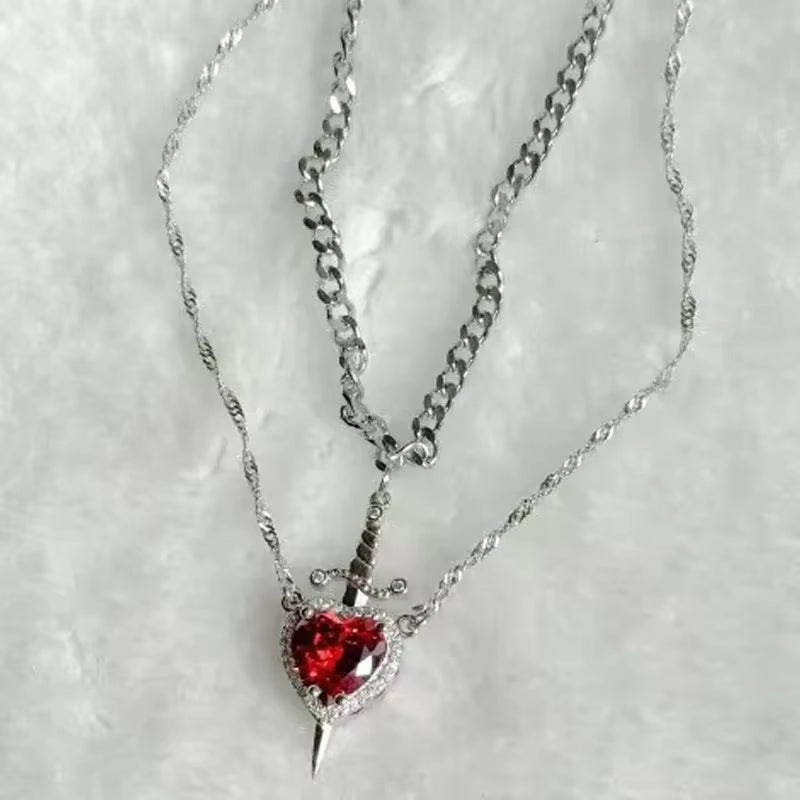 2-Piece Assembled Heart and Sword Zircon Pendant Necklace for Couples in Silver and Gold Plated Choker Chain Jewelry