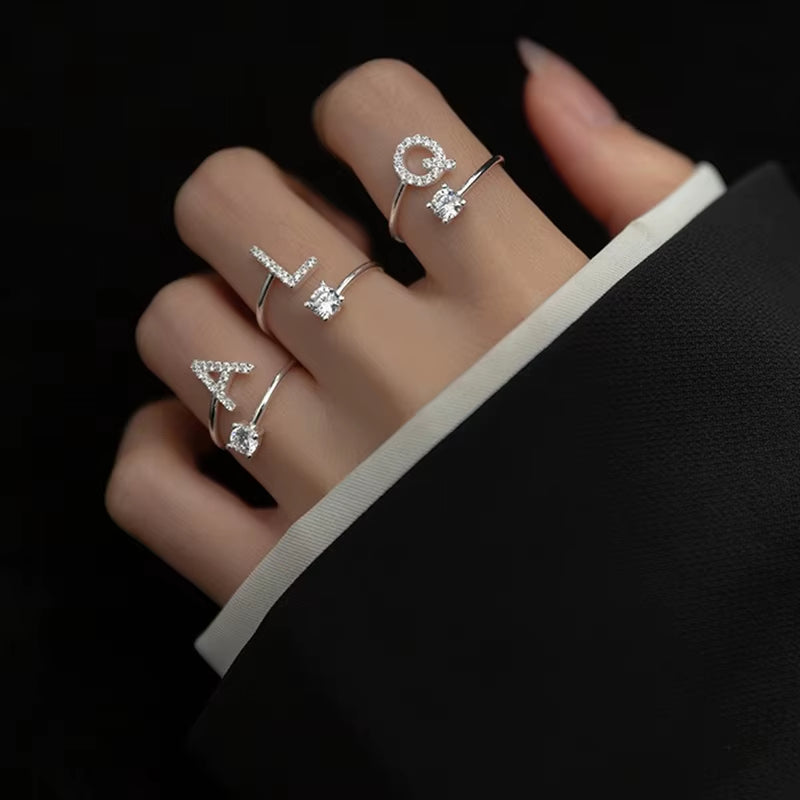 Adjustable Zircon Initial A-Z Letter Rings for Women - Elegant Alphabet Jewelry Gift for Weddings and Fashion