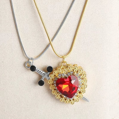 2-Piece Assembled Heart and Sword Zircon Pendant Necklace for Couples in Silver and Gold Plated Choker Chain Jewelry